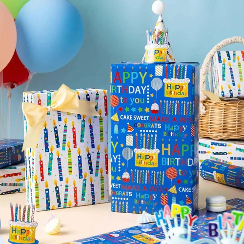Miniatura 6 de Homeral Rollo de papel de regalo azul para cumpleaños - 17 pulgadas x 16.5 pies, con letras reversibles de "Feliz Cumpleaños" y velas coloridas.