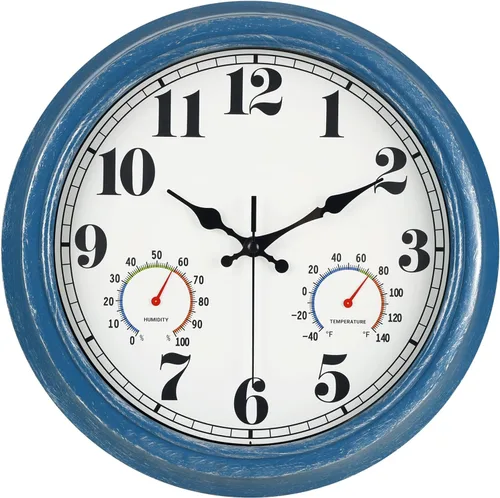 Miniatura 14 de JENLYSTIME Reloj de pared retro impermeable de 12 pulgadas para interior/exterior con termómetro, silencioso, redondo, de cuarzo, funciona con 40