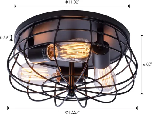 Miniatura 5 de VILUXY Lámpara de techo industrial negra semiempotrada de 3 luces rústicas con jaula de metal para cocina, sala de estar, comedor, dormitorio