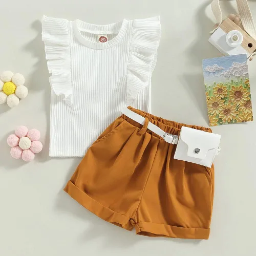Miniatura 22 de TheFound Trajes de verano para niñas pequeñas, sin mangas, de punto acanalado, halter, pantalones cortos, ropa para recién nacidos, conjunto de 3