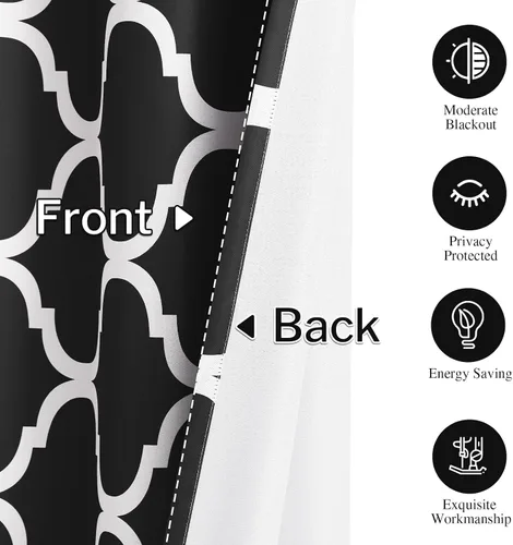 Miniatura 3 de Melodieux Cortinas opacas con ojales para oscurecer la habitación con estampado marroquí para ventanas pequeñas, 42 x 45 pulgadas, color negro