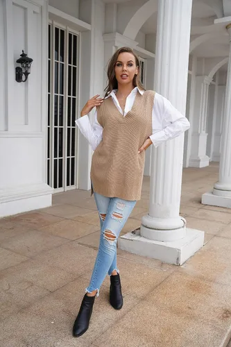 Miniatura 2 de Viottiset - Chaleco de punto de gran tamaño con cuello en V, suéter tipo túnica, para mujer