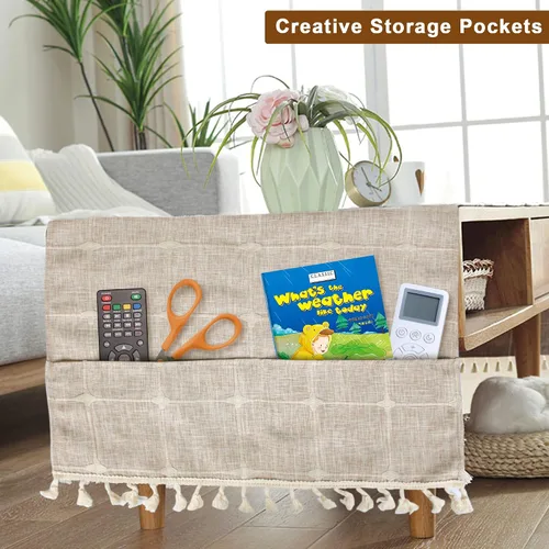 Miniatura 4 de Mantel de mesa auxiliar bohemio para sala de estar, con bolsillos y borlas, mantel rectangular a rayas para café, lavadora, secadora, refrigerador