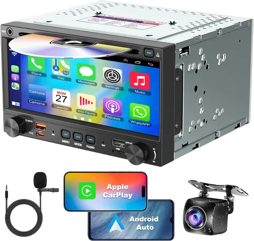 Estéreo de coche doble DIN con reproductor de CD y DVD, compatible con Carplay inalámbrico y Android Auto, radio de coche de 7 pulgadas con salida