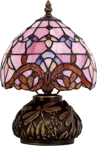 Miniatura 8 de WERFACTORY Pequeña lámpara Tiffany escritorio rosa vidrieras barroco hongos lámpara de mesa bronce mini lámpara de acento W8H11 pulgadas serie S003P