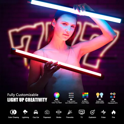 Miniatura 2 de Mettlelite Paquete de 2 luces TLX2 RGB tubo de luz LED a todo color con APP DMX Control 2 pies 2800K-8000K CRI96 TLCI97 360° RGB CCT HSI Modo