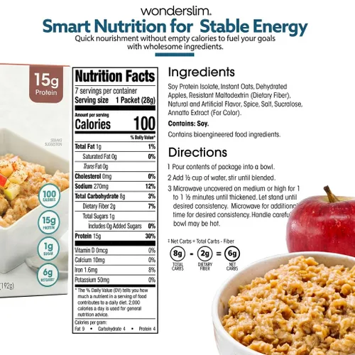 Miniatura 2 de WonderSlim Proteína de avena, manzana 'n canela, 130 calorías, 0.42 oz de proteína, 0.14 oz de fibra (7 unidades)