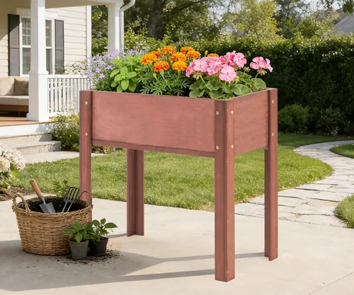 Miniatura 7 de Cama de jardín elevada con patas (31 x 16 x 31 pulgadas), maceta elevada de madera maciza para exteriores Marrón