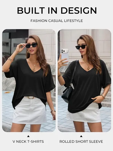 Miniatura 4 de UNCLECAT Camisetas de gran tamaño con cuello en V para mujer, camisas de manga corta de verano, holgadas, casuales