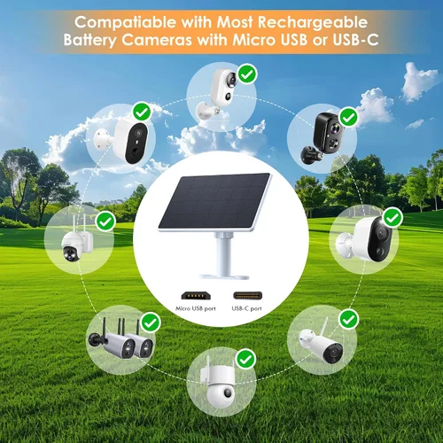 Miniatura 5 de Panel solar para cámara de seguridad, paneles solares de 6 W con puerto micro USB y USB-C para cámara exterior de 5 V CC, cargador solar para cámara