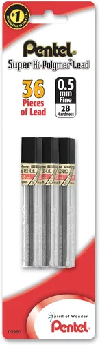 Pentel® Cables Super Hi-Polymer®, 0.020 in, 2B, 12 cables por tubo, paquete de 3 tubos
