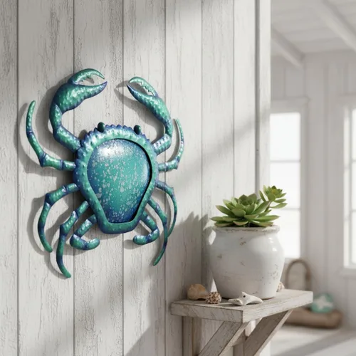 Miniatura 4 de Comfy Hour Decoración de pared de cangrejo de metal azul de 12 pulgadas, escultura temática náutica del océano, arte costero decorativo para playa