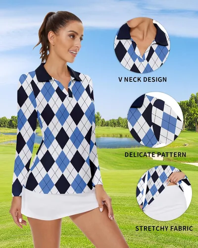Miniatura 2 de Soneven Camisas de golf de manga larga para mujer que absorben la humedad, cuello en V, camisas polo de golf sin cuello