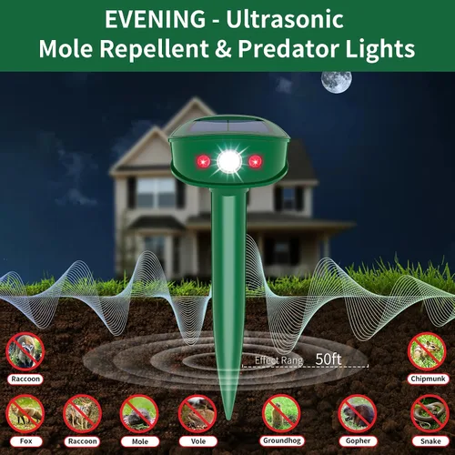 Miniatura 3 de Repelente de topos actualizado 2025 alimentado por energía solar, repelente ultrasónico de ratones de campo de golf para exteriores con LED