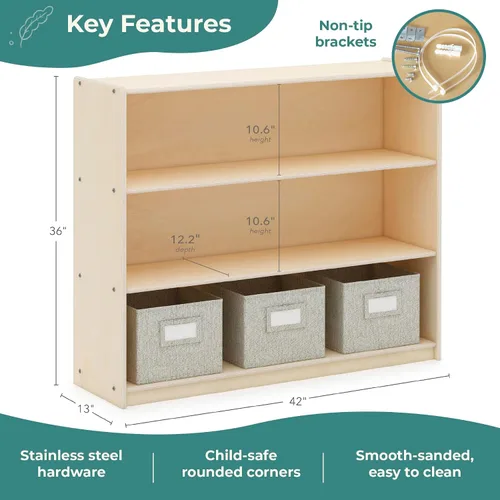 Miniatura 2 de Guidecraft EdQ - Almacenamiento abierto de tres estantes naturales con 3 contenedores de tela: estanterías de madera para niños y organizador