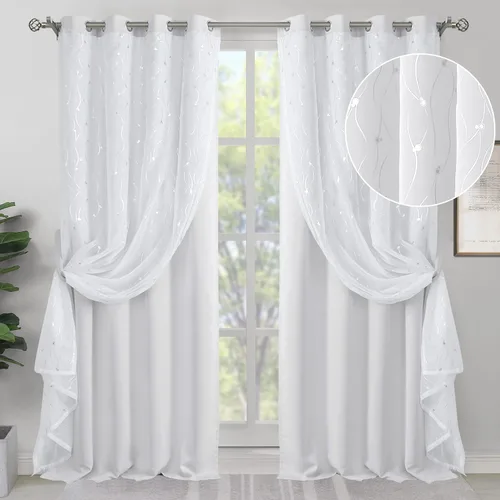 Miniatura 15 de BGment Cortinas de oscurecimiento de habitación con superposición transparente, cortinas de tul estampado plateado de doble capa para sala de estar