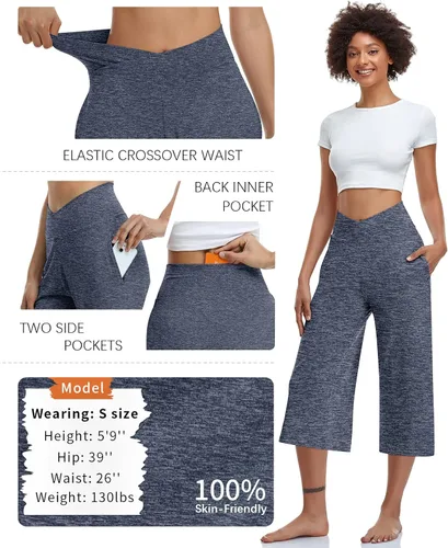 Miniatura 5 de TARSE - Pantalones capri de pierna ancha para mujer, pantalones de yoga casuales, cruzados, de cintura alta, sueltos, suaves, con bolsillos