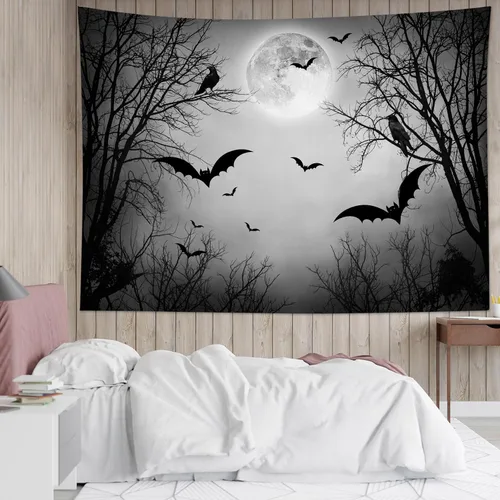 Miniatura 34 de HVEST Tapiz de noche de Halloween, tapiz para colgar en la pared, bosque embrujado con tumba y calabazas, manta de pared para dormitorio, sala