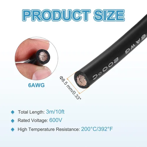 Miniatura 2 de MECCANIXITY Cable de alambre de silicona flexible de 6AWG 3m/10ft, alambre eléctrico trenzado de cobre estañado de 6 calibre 200 Celsius/392