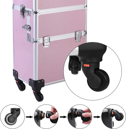 Miniatura 5 de Flandre Estuche de aluminio 3 en 1, organizador de cosméticos de belleza, caja de viaje de maquillaje, caja de tren con ruedas, bandejas plegables