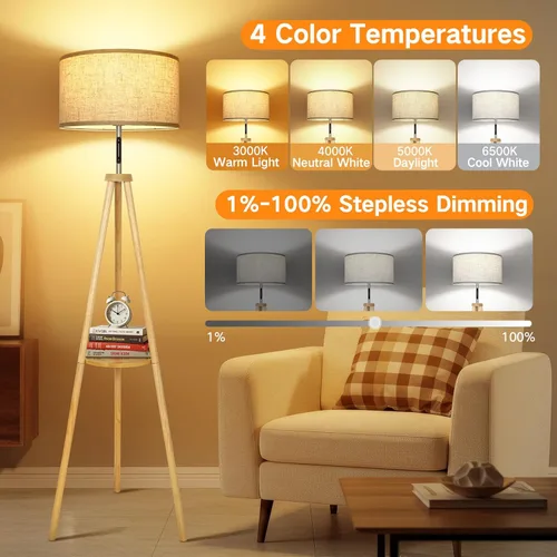 Miniatura 10 de OUTON - Lámpara de pie de trípode de madera con estantes, lámpara de pie de mediados de siglo con control remoto, 4 temperaturas de color, lámpara