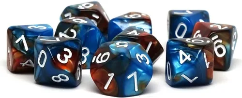 Paquete de diez dados D10 – Colección a juego de 10 dados poliédricos de plástico (remolino de cobalto y cobre)