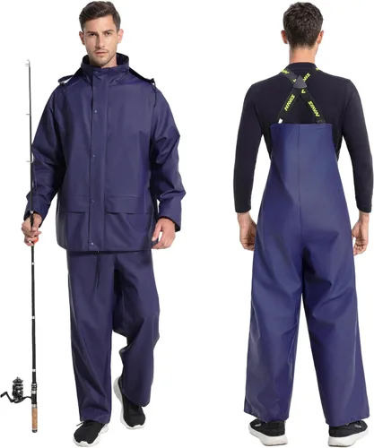 Miniatura 6 de Men's Pro Workwear Rain Suit 3-Piece Waterproof Jacket with Zip Hood & Bib Pant Heavy-Duty PU for Industrial & Work