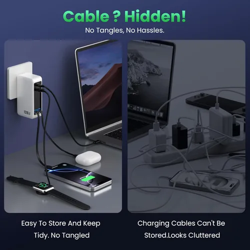 Miniatura 5 de Bloque de cargador USB C de 120W con 2 cables retráctiles integrados, cargador de pared con enchufe plegable GaN IV 4 en 1, estación de carga