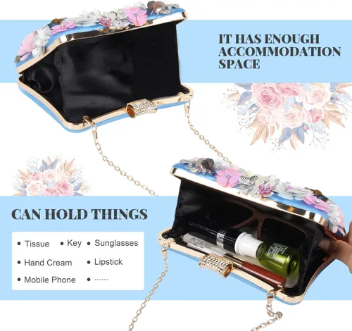 Miniatura 4 de Bolsos de noche florales para mujer, bolsos de mano con diamantes de imitación coloridos, bolso floral para novia, boda, bolso de hombro con cadena