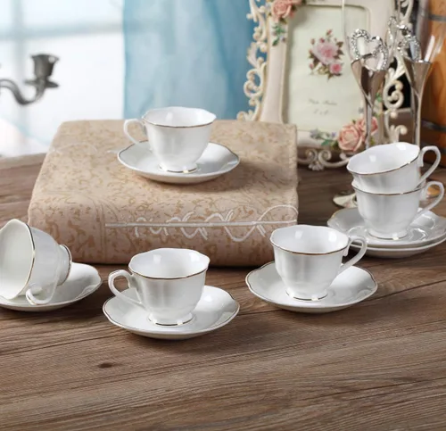 Miniatura 7 de Guangyang Juego de 12 tazas y platillos de porcelana fina de 2.5 onzas, juego de 6 tazas de café turco para doble color blanco espresso con ribete