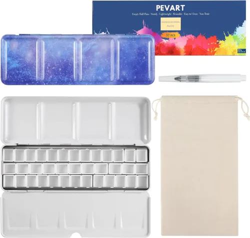 PEVART Paleta de Pintura de Acuarela Vacía, Estuche de Paleta de Mezcla de Metal con 37 Godets de Acuarela y Paleta Desplegable Bandeja de Pintura