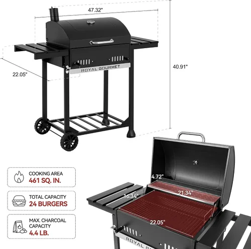 Miniatura 3 de Royal Gourmet CD1824ET - Parrilla de carbón móvil con mesas laterales plegables, parrilla de barbacoa para exteriores con área de cocción de 470