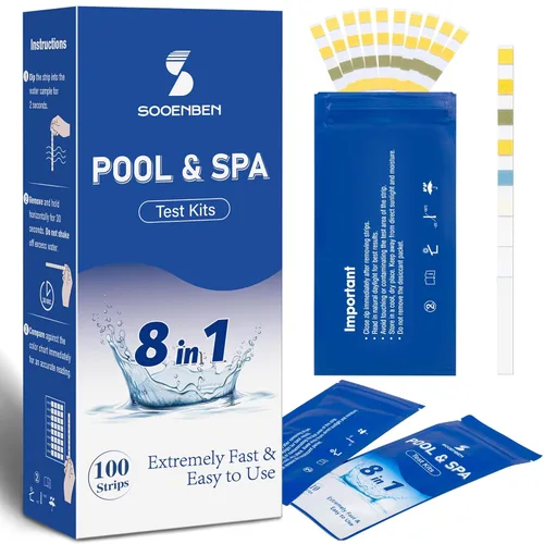 Tiras de prueba 8 en 1 para piscina y spa, tiras selladas individualmente (10 paquetes de 10) para bañera de hidromasaje y piscina, pruebas precisas