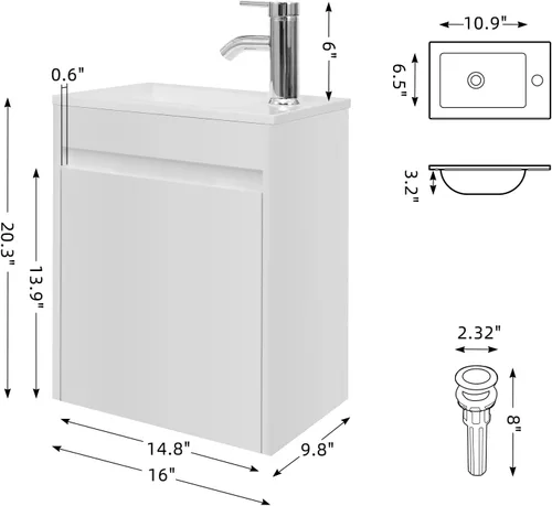 Miniatura 4 de Tocador de baño blanco con fregadero de cerámica combinado, tocador de baño de montaje en pared, 16 pulgadas de largo x 9.8 pulgadas de ancho x 20.3