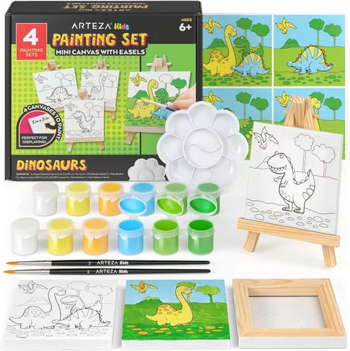ARTEZA Kids Kit de pintura de dinosaurios, 4 lienzos de 3 x 3 pulgadas, 4 caballetes, 12 pinturas acrílicas, 2 pinceles de pintura, 1 paleta,