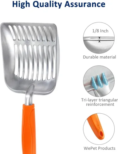 Miniatura 4 de WePet Cuchara de arena para gatos, tamiz de aleación de aluminio, pala de metal profunda, mango largo, tamizado de excrementos, levantador de heces