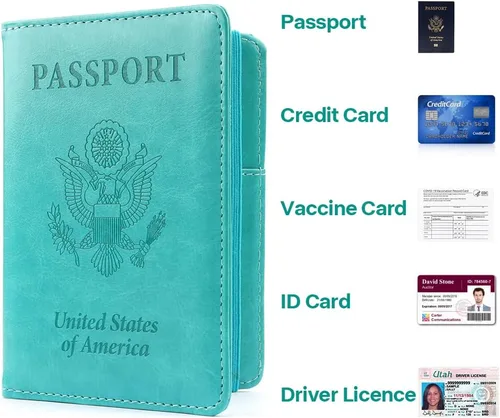Miniatura 6 de Soporte para pasaporte y tarjetero de vacuna, cartera para pasaporte, funda para pasaporte con bloqueo RFID, Azul lago, Compacto