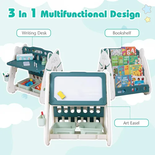 Miniatura 2 de Costzon Caballete de arte 3 en 1 para niños, pizarra magnética de borrado en seco de doble cara y estante para libros para niños con silla