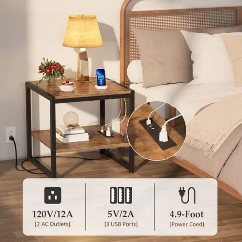 Miniatura 6 de Homieasy - Mesa auxiliar con estación de carga, soporte para mini refrigerador de 20 pulgadas con estante abierto de 2 niveles, mesita de noche