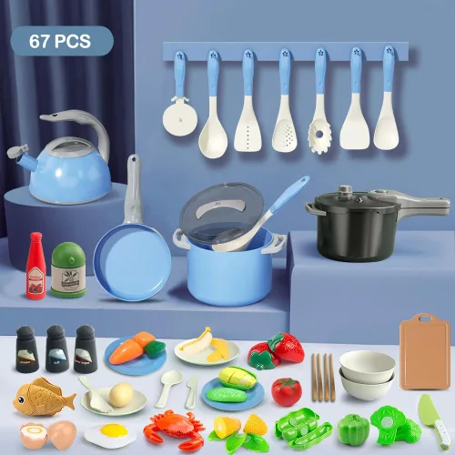 Miniatura 2 de Bruvoalon Juego de 67 piezas de juguetes de cocina para niños, juego de cocina de imitación para niños pequeños con ollas, sartenes, utensilios