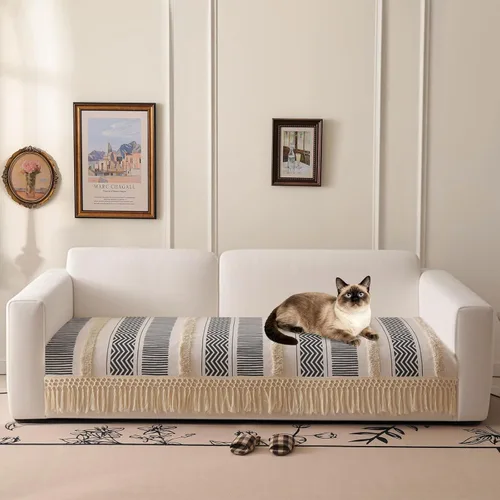 Miniatura 17 de VClife Funda de Sofá Boho de Algodón y Lino con Mechones y Borlas, Funda de Sofá para Perros para Sofá de 2 Cojines, Funda de Sofá Antideslizante