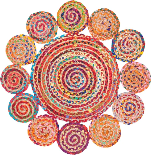 Miniatura 5 de SAFAVIEH Cape Cod Collection CAP211Q - Alfombra redonda de 4 pies, redonda, roja, multicolor, hecha a mano, estilo bohemio, trenzada de yute