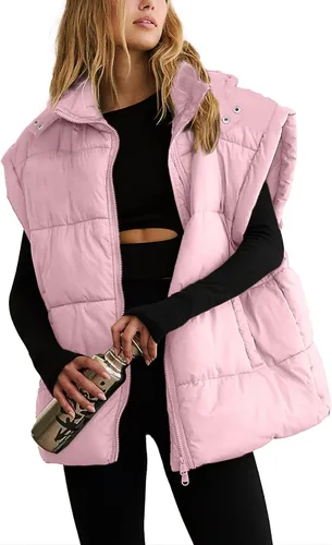 Miniatura 22 de Shiyifa Chaleco acolchado para mujer, chaqueta de gran tamaño, sin mangas, ligera, con cremallera, con capucha desmontable