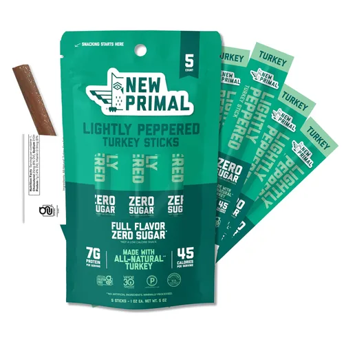 New Primal Palitos de Pavo Ligeramente Condimentados con Pimienta, Bocadillos Saludables Keto y Sin Gluten para Adultos, Sin Azúcar Bajos en