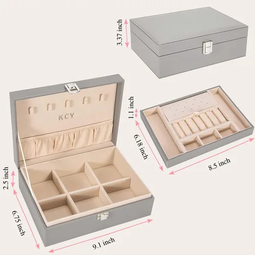 Miniatura 5 de KCY Organizador de joyas para mujeres y niñas estuche grande de cuero sintético con soporte de exhibición de 2 capas y bandeja extraíble para aretes