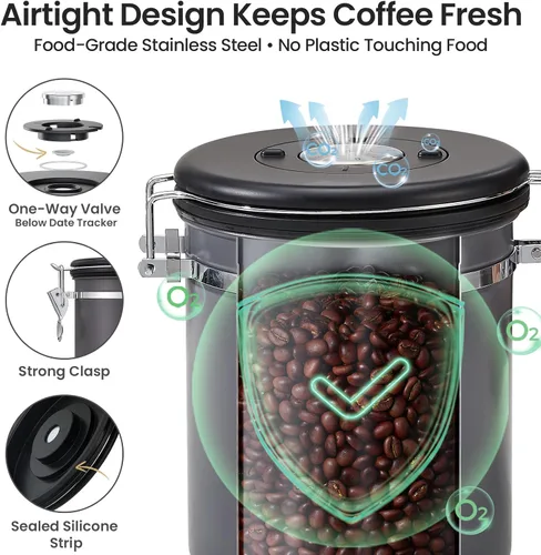 Miniatura 3 de Veken - Recipiente hermético para café de acero inoxidable, contenedor de almacenamiento de alimentos para la cocina con registro de fecha y cuchara