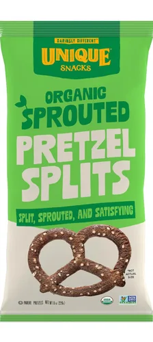 Unique Snacks Brotados Splits Pretzels Germinados, Deliciosos Homestyle horneados, Certificado OU Kosher y sin OMG, Sin Sabor Artificial, Bolsa de 8