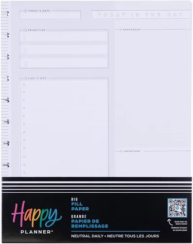 Happy Planner Papel de Repuesto Sin Fecha para Planificadores y Diarios, Diseño de Panel Rayado Neutro Diario, Papel de Planificador de Cuaderno
