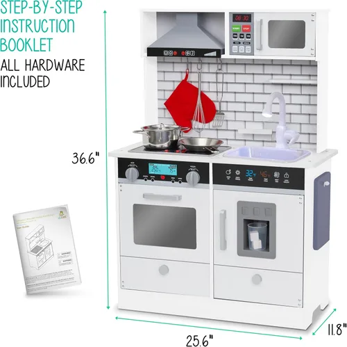 Miniatura 5 de Lil' Jumbl Juego de cocina pequeño blanco para niños, cocina de madera de simulación, incluye campana extractora, microondas, estufa, horno que hace