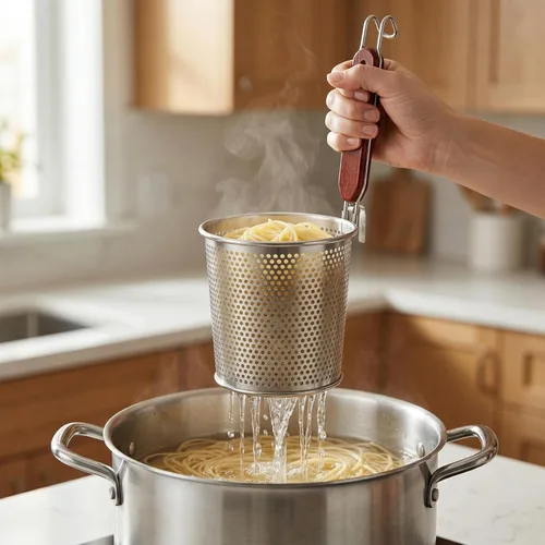 Miniatura 5 de Lawei Paquete de 3 coladores de cesta de pasta, colador de malla de acero inoxidable con mango de madera para cocinar, hervir, cocina, tamiz fino